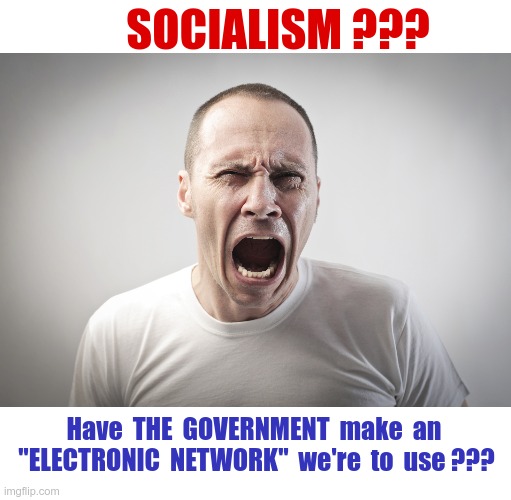 We can't let that happen HERE!! | SOCIALISM ??? Have  THE  GOVERNMENT  make  an  "ELECTRONIC  NETWORK"  we're  to  use ??? | image tagged in socialism,angry man,internet,rick75230 | made w/ Imgflip meme maker