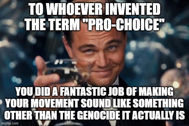 Leonardo Dicaprio Cheers | TO WHOEVER INVENTED THE TERM "PRO-CHOICE"; YOU DID A FANTASTIC JOB OF MAKING YOUR MOVEMENT SOUND LIKE SOMETHING OTHER THAN THE GENOCIDE IT ACTUALLY IS | image tagged in memes,leonardo dicaprio cheers | made w/ Imgflip meme maker