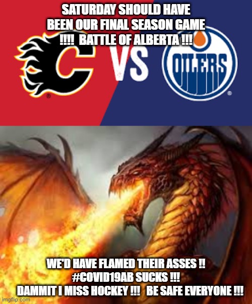 SATURDAY SHOULD HAVE BEEN OUR FINAL SEASON GAME !!!!  BATTLE OF ALBERTA !!! WE'D HAVE FLAMED THEIR ASSES !!   #COVID19AB SUCKS !!!  
    DAMMIT I MISS HOCKEY !!!   BE SAFE EVERYONE !!! | made w/ Imgflip meme maker