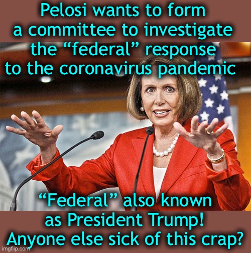 Pelosi needs a psych eval | Pelosi wants to form a committee to investigate the “federal” response to the coronavirus pandemic; “Federal” also known as President Trump! Anyone else sick of this crap? | image tagged in nancy pelosi is crazy | made w/ Imgflip meme maker