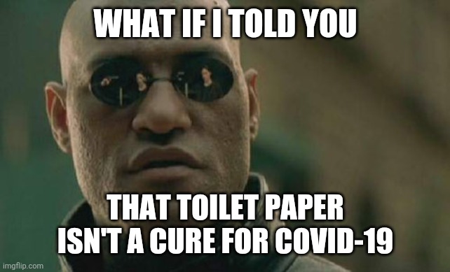 E | WHAT IF I TOLD YOU; THAT TOILET PAPER ISN'T A CURE FOR COVID-19 | image tagged in memes,matrix morpheus,funny,coronavirus,toilet paper | made w/ Imgflip meme maker