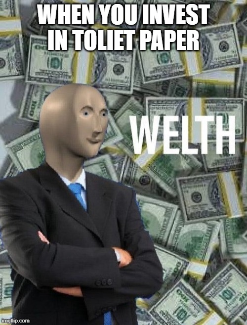 meme man wealth | WHEN YOU INVEST IN TOLIET PAPER | image tagged in meme man wealth | made w/ Imgflip meme maker