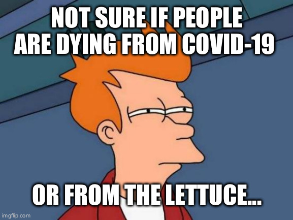 Futurama Fry Meme | NOT SURE IF PEOPLE ARE DYING FROM COVID-19; OR FROM THE LETTUCE... | image tagged in memes,futurama fry | made w/ Imgflip meme maker