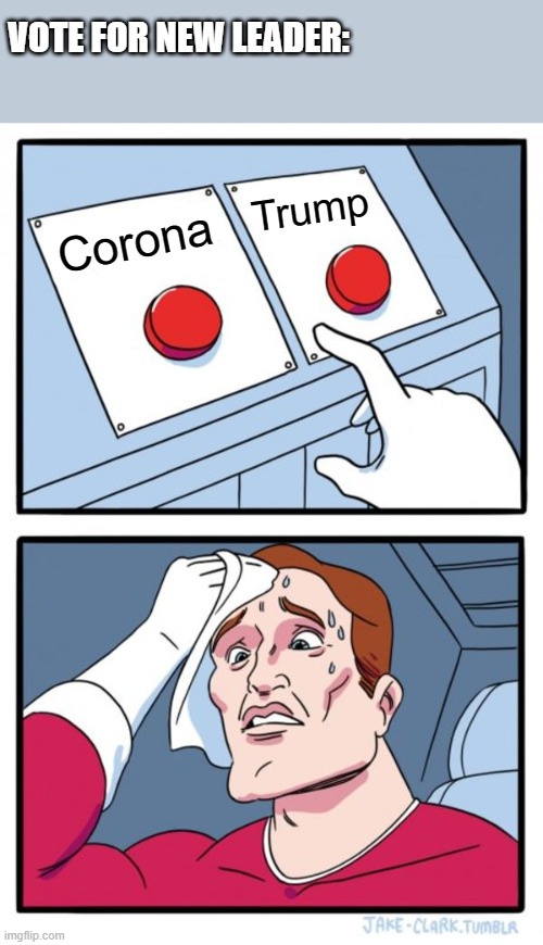 Two Buttons Meme | VOTE FOR NEW LEADER:; Trump; Corona | image tagged in memes,two buttons | made w/ Imgflip meme maker