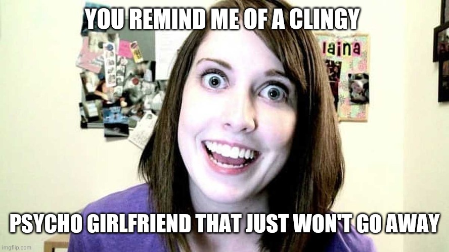 YOU REMIND ME OF A CLINGY PSYCHO GIRLFRIEND THAT JUST WON'T GO AWAY | made w/ Imgflip meme maker