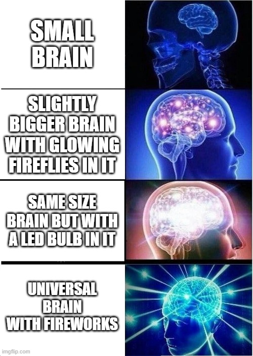 Expanding Brain Meme | SMALL BRAIN; SLIGHTLY BIGGER BRAIN WITH GLOWING FIREFLIES IN IT; SAME SIZE BRAIN BUT WITH A LED BULB IN IT; UNIVERSAL BRAIN WITH FIREWORKS | image tagged in memes,expanding brain | made w/ Imgflip meme maker