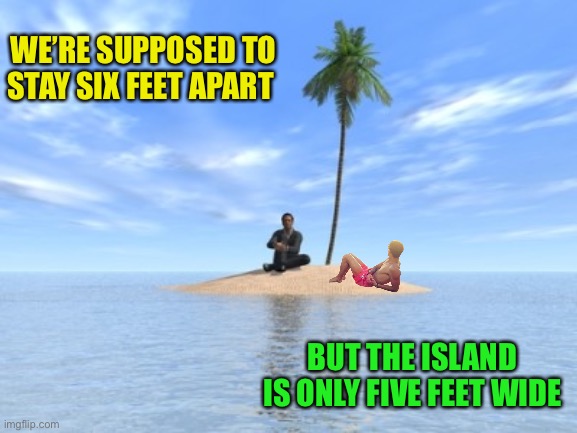 Social distancing problem | WE’RE SUPPOSED TO STAY SIX FEET APART; BUT THE ISLAND IS ONLY FIVE FEET WIDE | image tagged in desert island,memes,social distancing,coronavirus | made w/ Imgflip meme maker