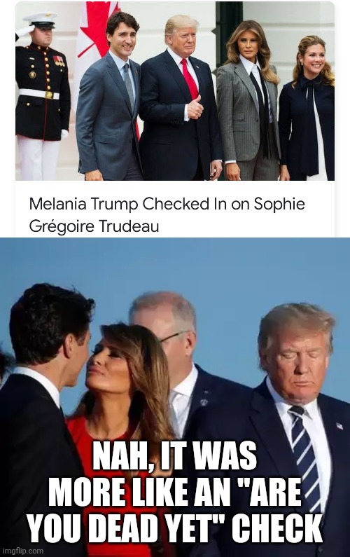 Sophie has corona virus, Melanoma will be divorced in the new year, she's just sizeing up her options. | NAH, IT WAS MORE LIKE AN "ARE YOU DEAD YET" CHECK | image tagged in dump trump,sewmyeyesshut,melenoma trump,trudeau | made w/ Imgflip meme maker