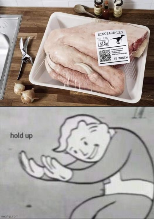Day 14 of quarantine...finally got to the bottom of my freezer!!! | image tagged in fallout hold up,memes,dinosaur leg,funny,tastes like chicken,bottom of the freezer | made w/ Imgflip meme maker