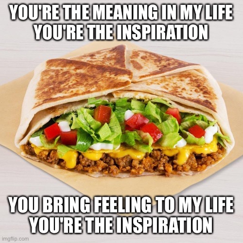 Crunchwrap Supreme Love | YOU'RE THE MEANING IN MY LIFE
YOU'RE THE INSPIRATION; YOU BRING FEELING TO MY LIFE
YOU'RE THE INSPIRATION | image tagged in taco bell,tacos,food,love,memes,chicago | made w/ Imgflip meme maker