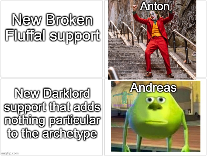 Blank Comic Panel 2x2 Meme | Anton; New Broken Fluffal support; Andreas; New Darklord support that adds nothing particular to the archetype | image tagged in memes,blank comic panel 2x2 | made w/ Imgflip meme maker
