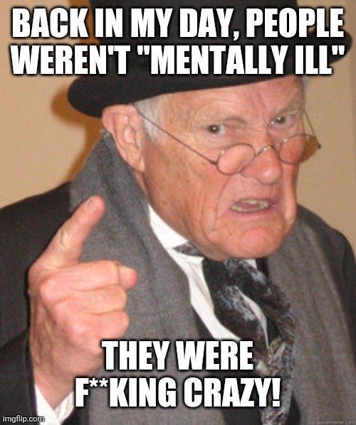 Back In My Day Meme | BACK IN MY DAY, PEOPLE WEREN'T "MENTALLY ILL"; THEY WERE F**KING CRAZY! | image tagged in memes,back in my day | made w/ Imgflip meme maker