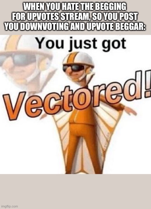 You just got vectored | WHEN YOU HATE THE BEGGING FOR UPVOTES STREAM, SO YOU POST YOU DOWNVOTING AND UPVOTE BEGGAR: | image tagged in you just got vectored | made w/ Imgflip meme maker