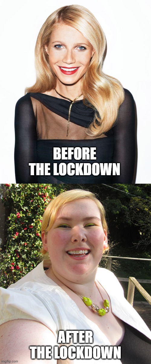 BEFORE THE LOCKDOWN; AFTER THE LOCKDOWN | image tagged in ugly fat woman,gwyneth paltrow,memes,funny,coronavirus,lockdown | made w/ Imgflip meme maker