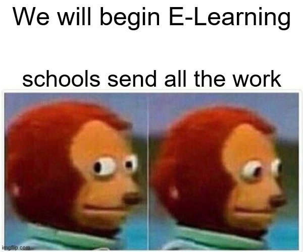Monkey Puppet Meme | We will begin E-Learning; schools send all the work | image tagged in memes,monkey puppet | made w/ Imgflip meme maker