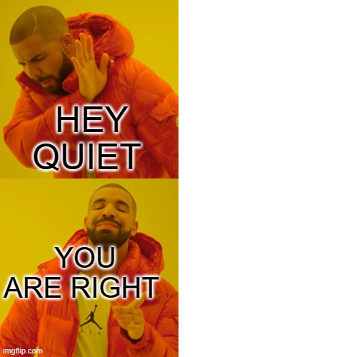 Drake Hotline Bling Meme | HEY QUIET; YOU ARE RIGHT | image tagged in memes,drake hotline bling | made w/ Imgflip meme maker