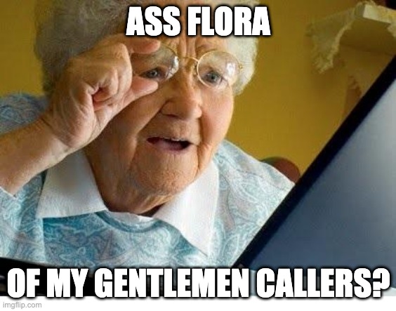 old lady at computer | ASS FLORA; OF MY GENTLEMEN CALLERS? | image tagged in old lady at computer | made w/ Imgflip meme maker