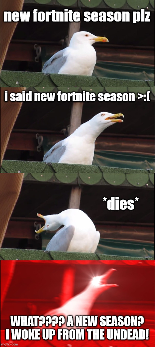 Inhaling Seagull Meme | new fortnite season plz; i said new fortnite season >:(; *dies*; WHAT???? A NEW SEASON? I WOKE UP FROM THE UNDEAD! | image tagged in memes,inhaling seagull | made w/ Imgflip meme maker