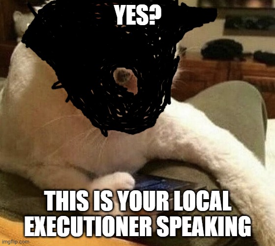 Cat phone | YES? THIS IS YOUR LOCAL EXECUTIONER SPEAKING | image tagged in cat phone | made w/ Imgflip meme maker