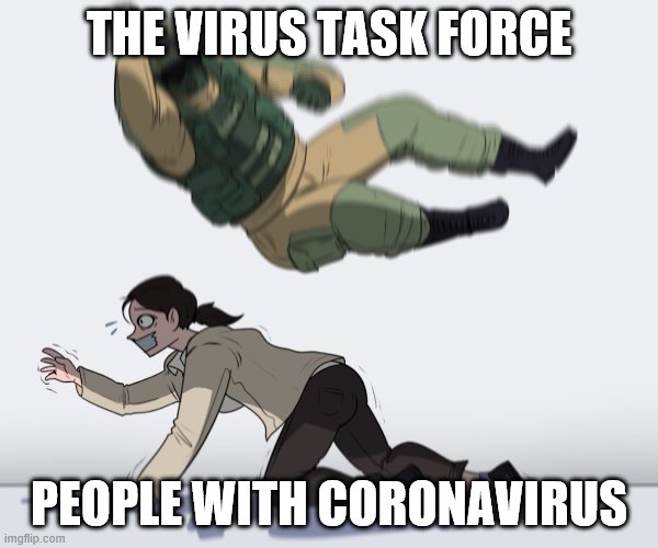 Rainbow Six - Fuze The Hostage | THE VIRUS TASK FORCE; PEOPLE WITH CORONAVIRUS | image tagged in rainbow six - fuze the hostage | made w/ Imgflip meme maker