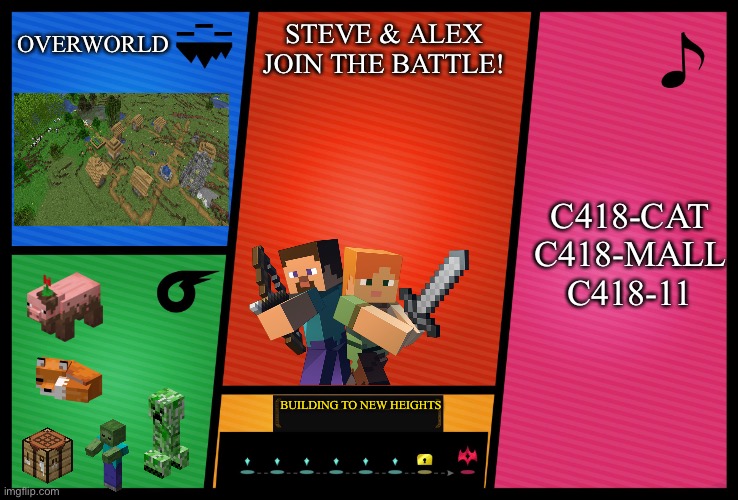 Smash Ultimate DLC fighter profile | OVERWORLD; STEVE & ALEX JOIN THE BATTLE! C418-CAT
C418-MALL
C418-11; BUILDING TO NEW HEIGHTS | image tagged in smash ultimate dlc fighter profile | made w/ Imgflip meme maker