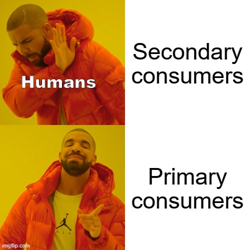 Drake Hotline Bling Meme | Secondary consumers; Humans; Primary consumers | image tagged in memes,drake hotline bling | made w/ Imgflip meme maker