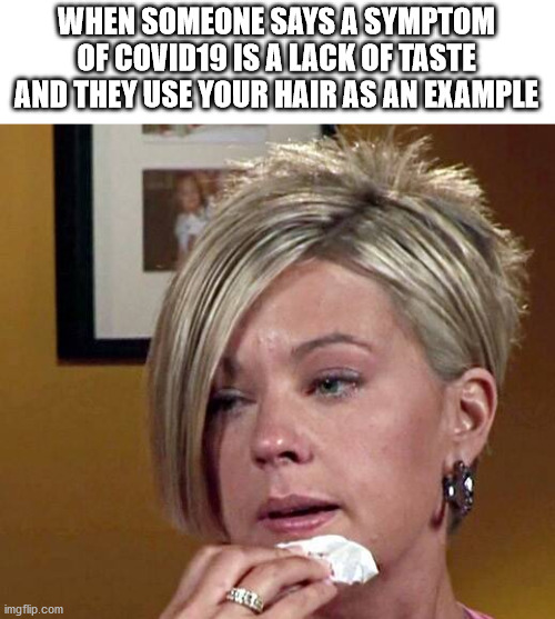 Karen covid19 | WHEN SOMEONE SAYS A SYMPTOM OF COVID19 IS A LACK OF TASTE AND THEY USE YOUR HAIR AS AN EXAMPLE | image tagged in karen,covid19 | made w/ Imgflip meme maker