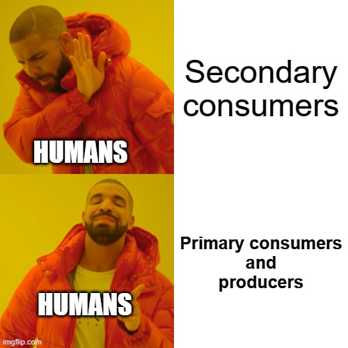 Drake Hotline Bling Meme | Secondary consumers; HUMANS; Primary consumers
and
producers; HUMANS | image tagged in memes,drake hotline bling | made w/ Imgflip meme maker