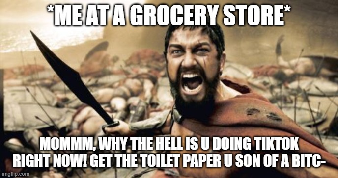 Sparta Leonidas | *ME AT A GROCERY STORE*; MOMMM, WHY THE HELL IS U DOING TIKTOK RIGHT NOW! GET THE TOILET PAPER U SON OF A BITC- | image tagged in memes,sparta leonidas | made w/ Imgflip meme maker