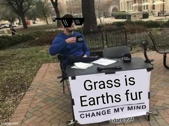 Change My Mind Meme | Grass is Earths fur; I dare you | image tagged in memes,change my mind | made w/ Imgflip meme maker
