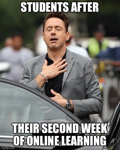 Relief | STUDENTS AFTER; THEIR SECOND WEEK
OF ONLINE LEARNING | image tagged in relief | made w/ Imgflip meme maker