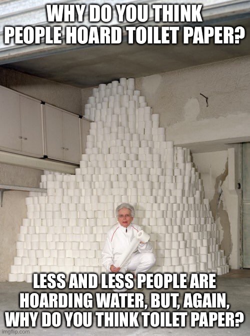 mountain of toilet paper | WHY DO YOU THINK PEOPLE HOARD TOILET PAPER? LESS AND LESS PEOPLE ARE HOARDING WATER, BUT, AGAIN, WHY DO YOU THINK TOILET PAPER? | image tagged in mountain of toilet paper | made w/ Imgflip meme maker