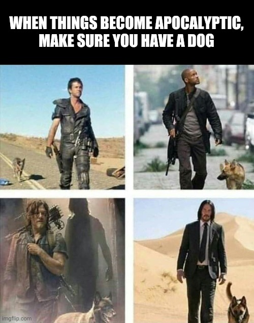 WHEN THINGS BECOME APOCALYPTIC, MAKE SURE YOU HAVE A DOG | image tagged in apocalypse | made w/ Imgflip meme maker