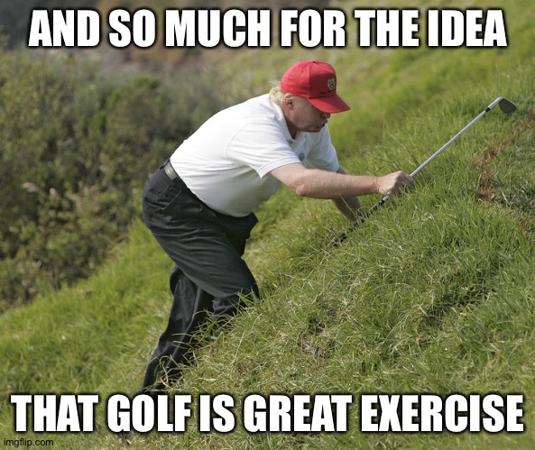 trump golfing | AND SO MUCH FOR THE IDEA THAT GOLF IS GREAT EXERCISE | image tagged in trump golfing | made w/ Imgflip meme maker