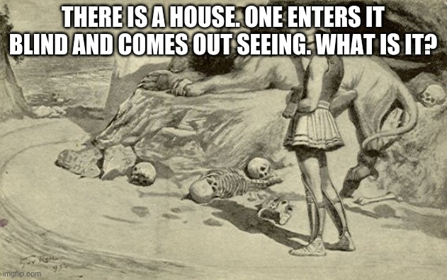 Riddles and Brainteasers | THERE IS A HOUSE. ONE ENTERS IT BLIND AND COMES OUT SEEING. WHAT IS IT? | image tagged in riddles and brainteasers | made w/ Imgflip meme maker