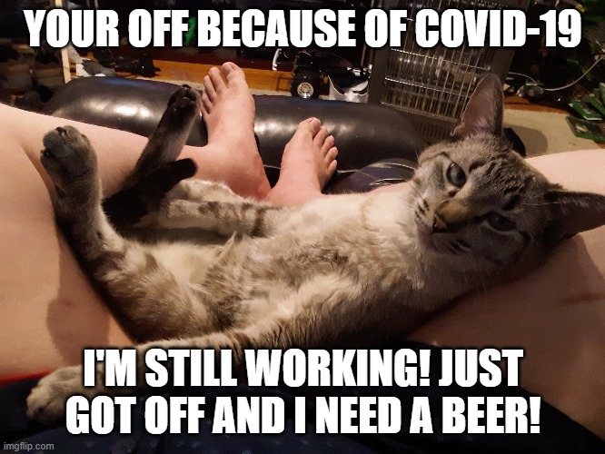 Out of work! | YOUR OFF BECAUSE OF COVID-19; I'M STILL WORKING! JUST GOT OFF AND I NEED A BEER! | image tagged in funny memes | made w/ Imgflip meme maker