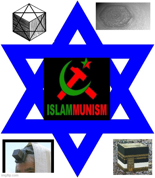 The mother of all Heresies | image tagged in islammunism,cube,saturn,mecca,tetrahedron,perestroikadeception | made w/ Imgflip meme maker