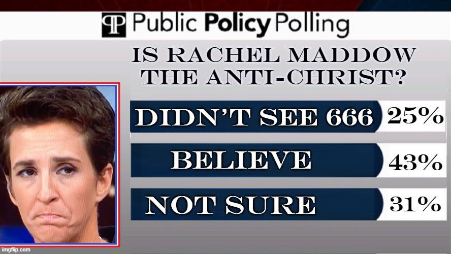The Word VILE Comes to Mind —unless you Spell It EVIL | IS RACHEL MADDOW THE ANTI-CHRIST? 25%; DIDN'T SEE 666; BELIEVE; 43%; 31%; NOT SURE | image tagged in vince vance,rachel maddow,antichrist,political memes,fake news,msnbc | made w/ Imgflip meme maker