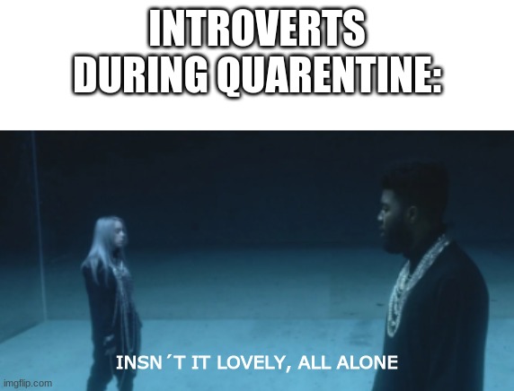 They´re  6 feet apart too! |  INTROVERTS DURING QUARENTINE:; INSN´T IT LOVELY, ALL ALONE | image tagged in billie eilish,quarantine,coronavirus,introvert | made w/ Imgflip meme maker