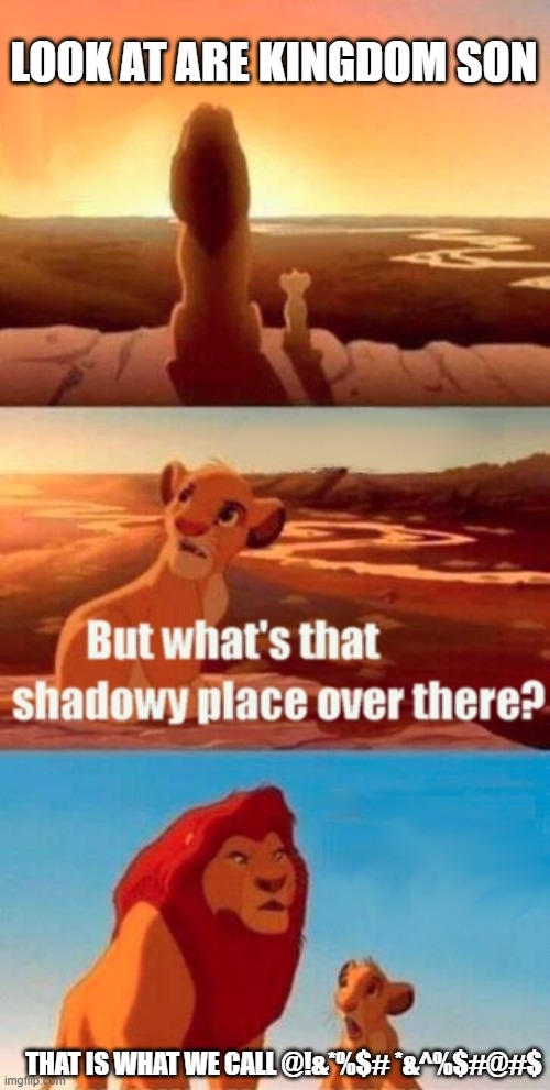 When Mufasa is disappointed in his kingdom | LOOK AT ARE KINGDOM SON; THAT IS WHAT WE CALL @!&*%$# *&^%$#@#$ | image tagged in memes,simba shadowy place,funny,the lion king,kingdom,places | made w/ Imgflip meme maker