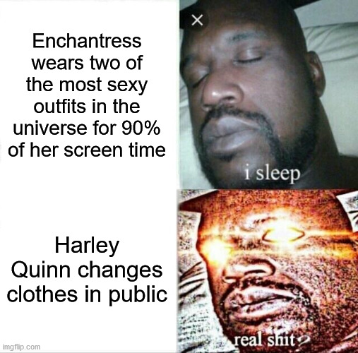 Yeah, I feel like a lot of people were falling asleep during "Suicide Squad"... | Enchantress wears two of the most sexy outfits in the universe for 90% of her screen time; Harley Quinn changes clothes in public | image tagged in memes,sleeping shaq,enchantress,harley quinn,logic,dceu forever | made w/ Imgflip meme maker