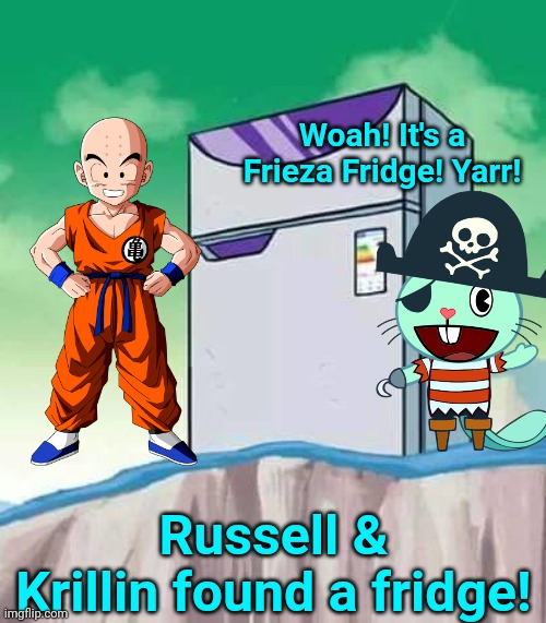 Fridge Frieza with Russell & Krillin | Woah! It's a Frieza Fridge! Yarr! Russell & Krillin found a fridge! | image tagged in fridge frieza,krillin,dragon ball z,happy tree friends,pirates | made w/ Imgflip meme maker