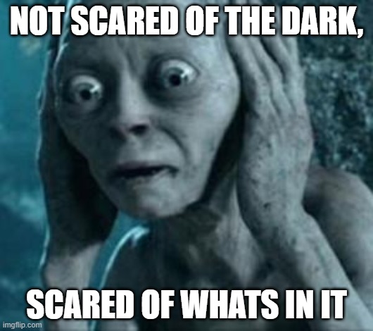 Scared Gollum |  NOT SCARED OF THE DARK, SCARED OF WHATS IN IT | image tagged in scared gollum | made w/ Imgflip meme maker