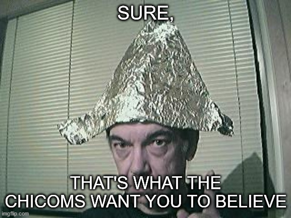 tin foil hat | SURE, THAT'S WHAT THE CHICOMS WANT YOU TO BELIEVE | image tagged in tin foil hat | made w/ Imgflip meme maker