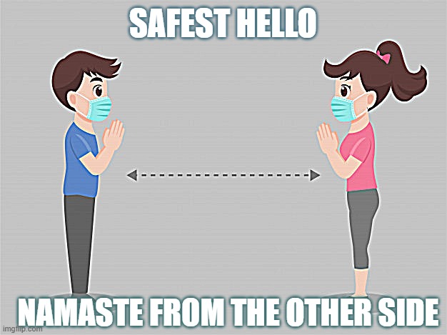 The corona greeting | SAFEST HELLO; NAMASTE FROM THE OTHER SIDE | image tagged in the corona greeting | made w/ Imgflip meme maker