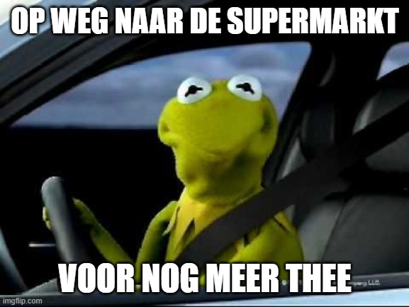 Kermit Car | OP WEG NAAR DE SUPERMARKT; VOOR NOG MEER THEE | image tagged in kermit car | made w/ Imgflip meme maker