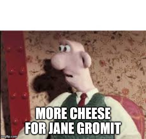 Surprised Wallace | MORE CHEESE FOR JANE GROMIT | image tagged in surprised wallace | made w/ Imgflip meme maker