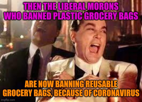 Liberals Can't See Past the End of Their Noses | THEN THE LIBERAL MORONS WHO BANNED PLASTIC GROCERY BAGS; ARE NOW BANNING REUSABLE GROCERY BAGS, BECAUSE OF CORONAVIRUS | image tagged in and then he said,politics,grocery store,liberal logic,idiot | made w/ Imgflip meme maker