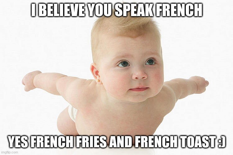 I Believe I Can Fly Baby | I BELIEVE YOU SPEAK FRENCH; YES FRENCH FRIES AND FRENCH TOAST :) | image tagged in i believe i can fly baby | made w/ Imgflip meme maker
