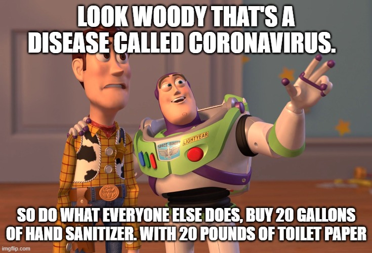 X, X Everywhere Meme | LOOK WOODY THAT'S A DISEASE CALLED CORONAVIRUS. SO DO WHAT EVERYONE ELSE DOES, BUY 20 GALLONS OF HAND SANITIZER. WITH 20 POUNDS OF TOILET PAPER | image tagged in memes,x x everywhere | made w/ Imgflip meme maker